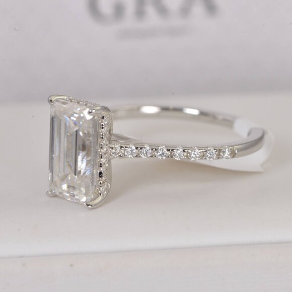 GRA Certified Moissanite Ring 7.88 tcw Emerald Cut Engagement Ring 925 sz 8 - Picture 2 of 7
